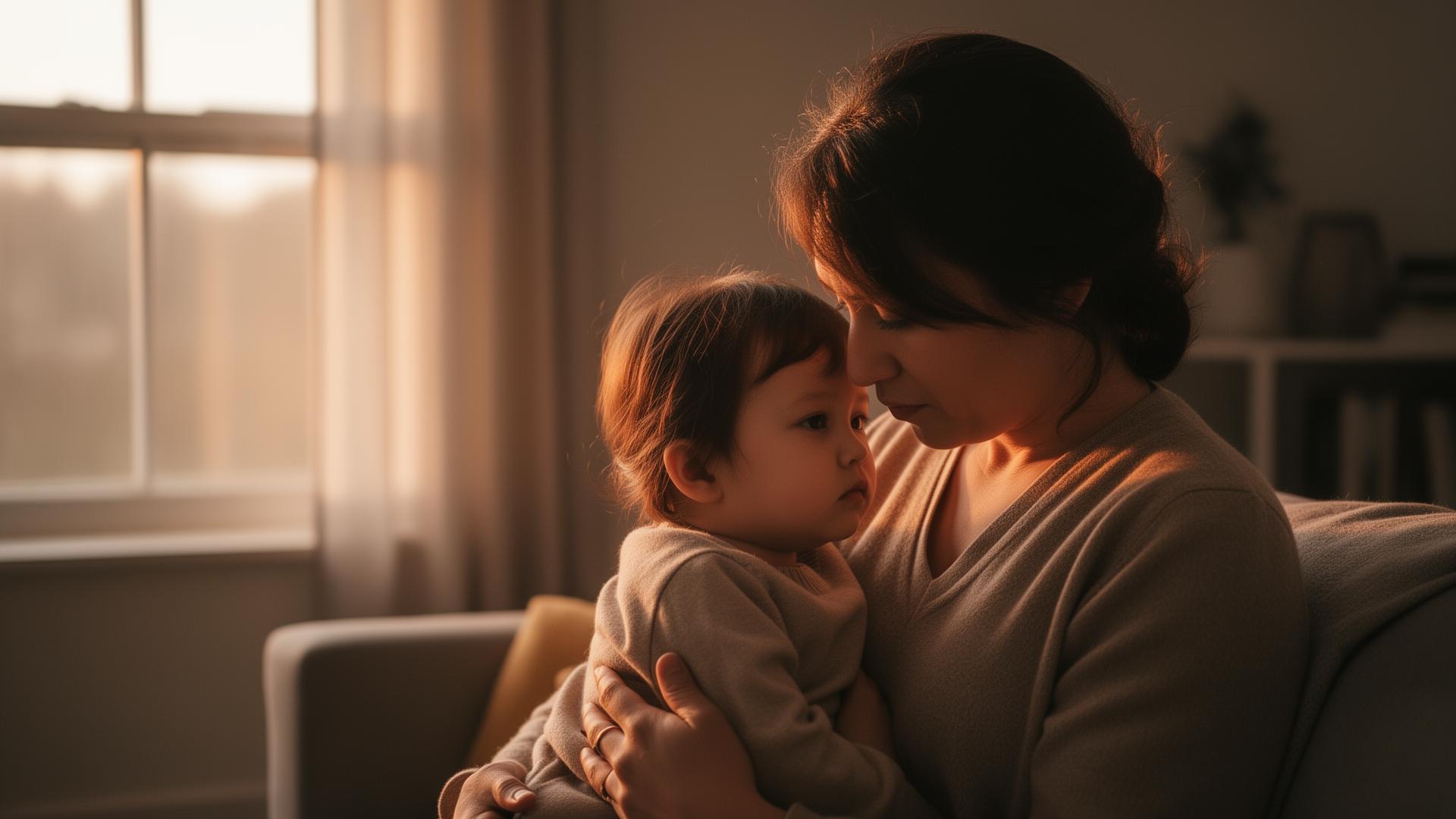 Mãe abraçando filho num momento tranquilo em casa